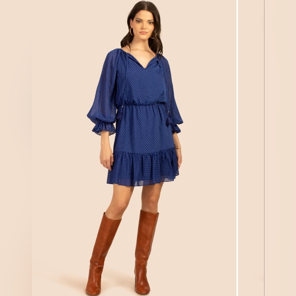 Trina Turk mini dress L royal blue Viti peasant ruffles flowy bohochic new $278